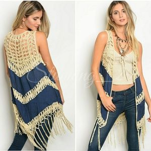🆕CLEARANCE❌CREAM&NAVY BLUE FRINGE KIMONO DUSTER